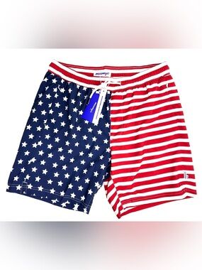 Maamgic American Flag Asymmetrical Patriotic Swim Trunks L NWT
